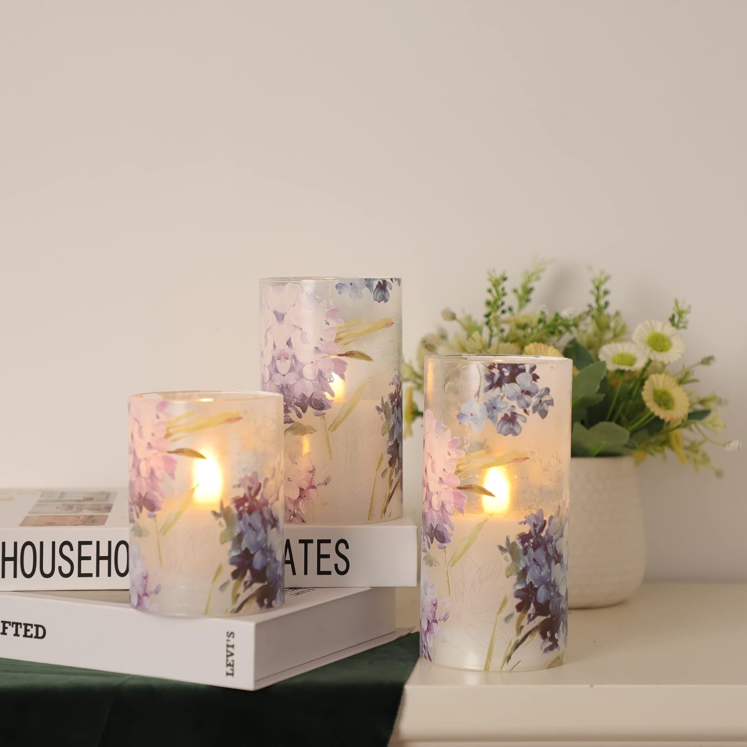 Floral Flameless Candles Decorative Battery Operated with Remote Hydrangea Flowers Romantic Lovers Flickering Pillar Candles for Wedding Tray Centerpiece Home Decor