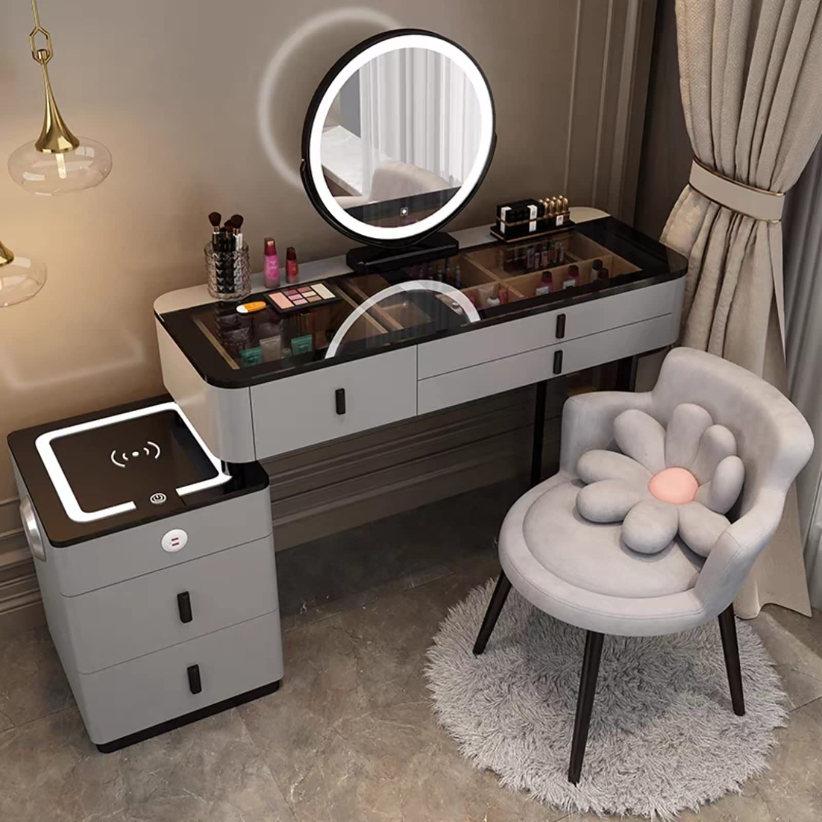 asdchZen Vanity Makeup Desk Set With Mirror Cushioned Stool Nightstand Bluetooth Audio Wireless Charging And 5 Drawers White 120Cm/47.2In,Gray-b-120CM/47.2IN