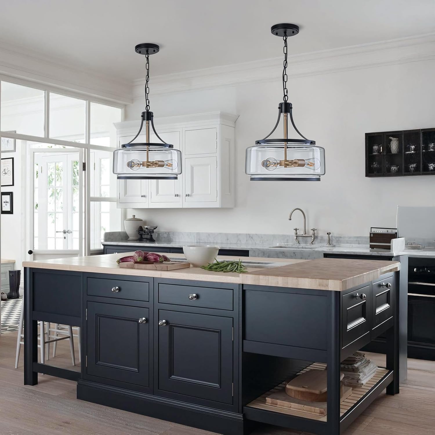 15.7 Inch Glass Drum Dining Room Light Fixture Over Table, Modern Black and Gold Chandeliers for Dining Room, Drum Pendant Light for Kitchen,Entryway,Living Room