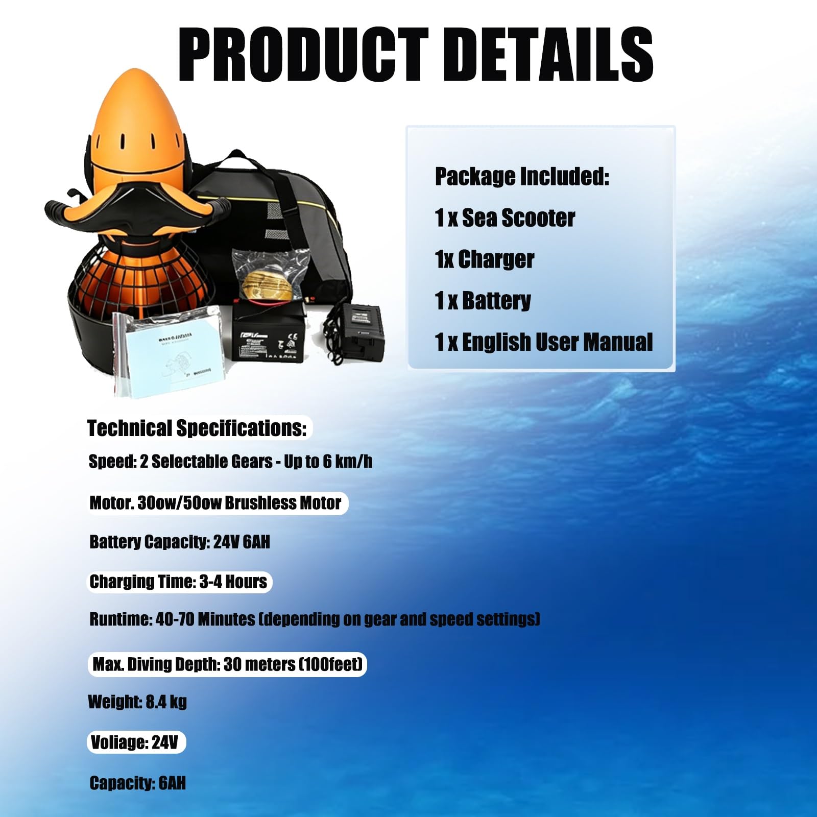 Patinete eléctrico subacuático de 300W/500W,Vehículo Submarino propulsión | Buceo Sea Scooter, Scooter subacuático Inteligente Equipo de Piscina de Aventuras