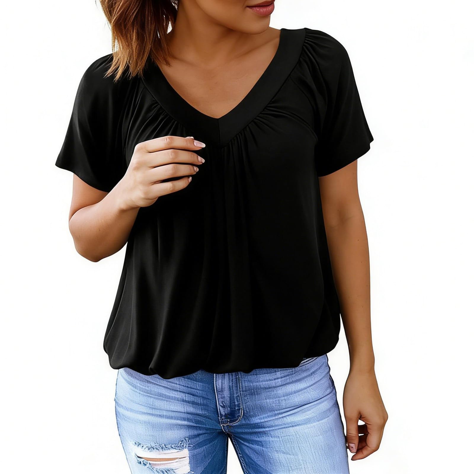 2026 Neu Shirts Damen Sommer T Shirt Damen Tshirt mit V-Ausschnitt Kurzärmeliges Casual Lockere Sommer T-Shirt Bluse