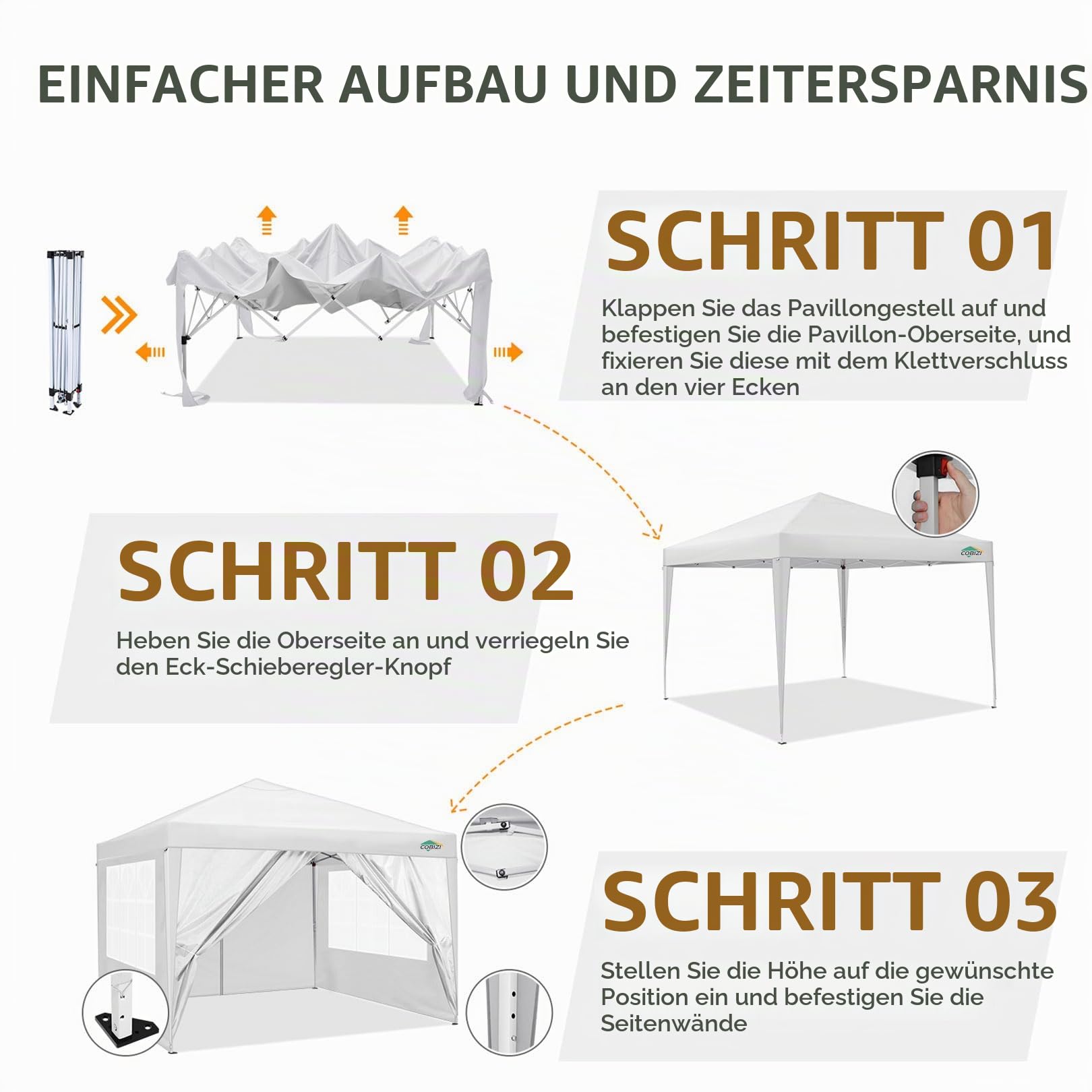 COBIZI Faltpavillon 3x3 Wasserdicht Stabil Pop Up Pavillon Faltbar 3x3 mit 4 Seitenwnden | Wasserdicht | UV-Schutz 50+ | Gartenpavillon Partyzelt für Garten Party Markt Picknick | inkl. Tasche(Weiß)