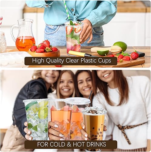 Miniatura 9 de Skylety Juego de 500 vasos de plástico transparente con tapas planas, vasos desechables de PET para bebidas frías para bebidas frías para fiestas
