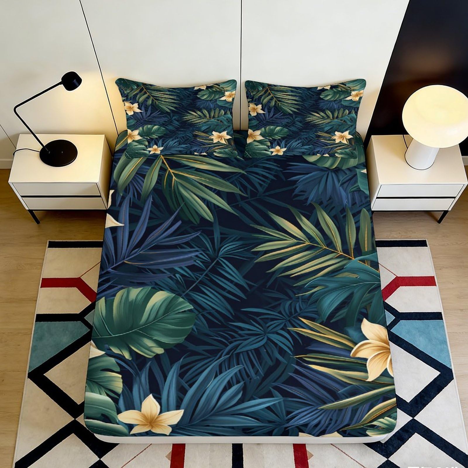3D Printed Tropical Leaf Fitted Sheet Microfiber Slip-Resistant Mattress Cover Dark Botanical Floral for Bedroom Guest Room 140x200x25cm