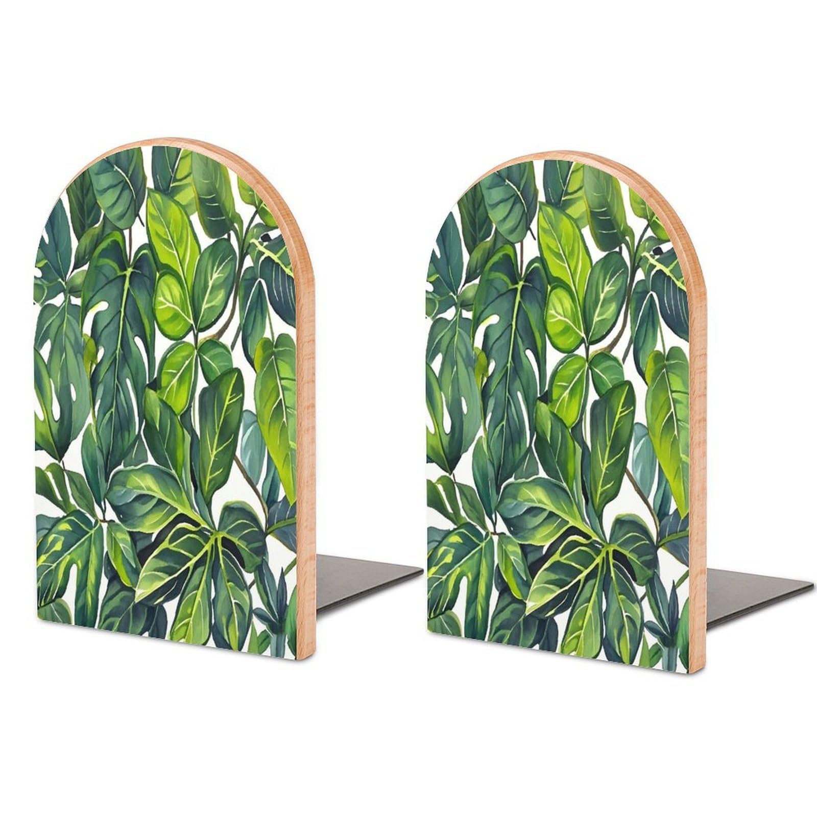 Green Leaves of Plants Bookend for Shelves Unique Book End Sturdy Books Holder Heavy Duty Wooden Bookends Support Non-Slip Book Organizers Decorative Modern Bookend Holder for Home