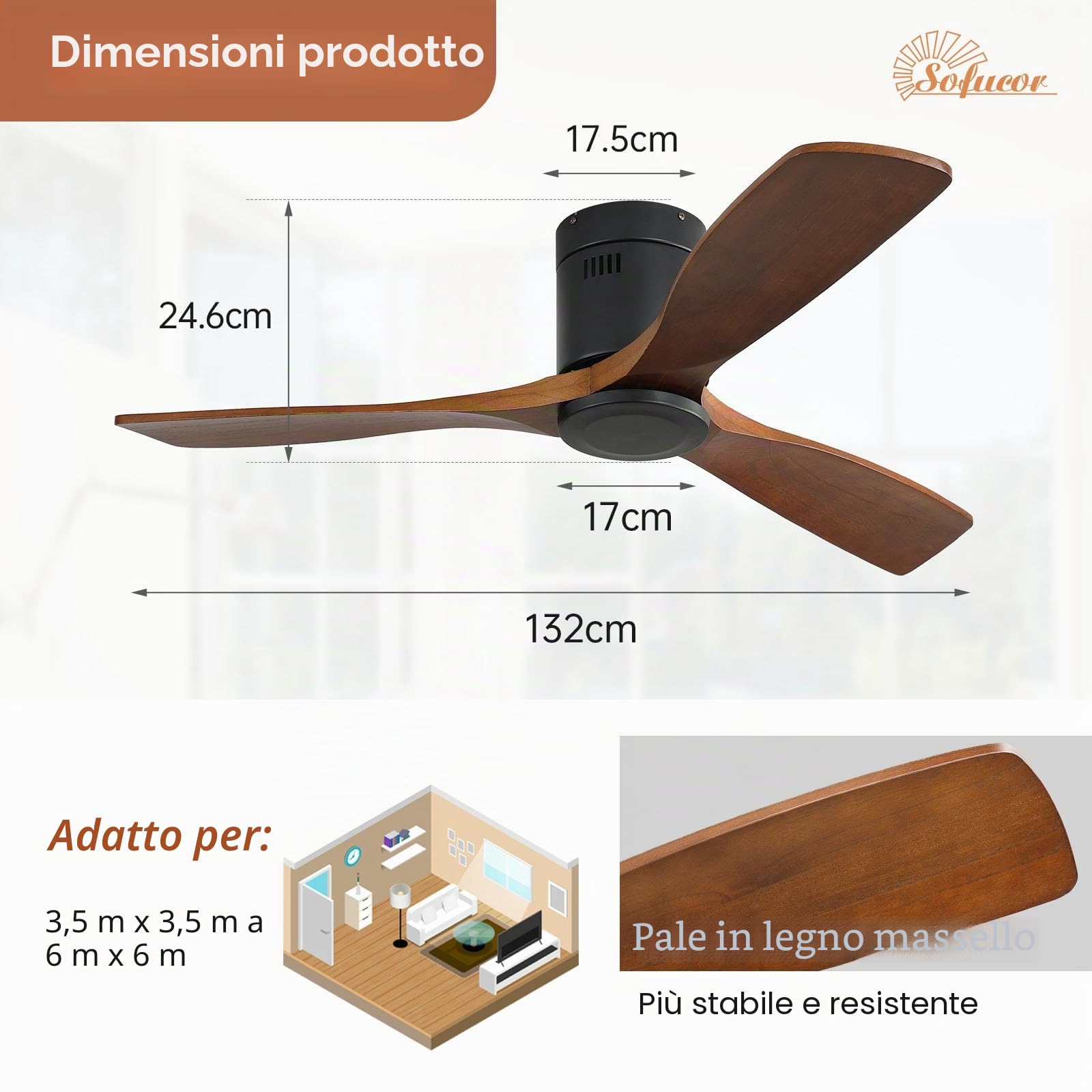 Sofucor 132cm Ventilatore da Soffitto in Legno Massiccio, Telecomando, 6 Velocità, Timer, Motore DC Silenzioso Ventilatore Soffitto per Soggiorno, Cucina, Camera da Letto