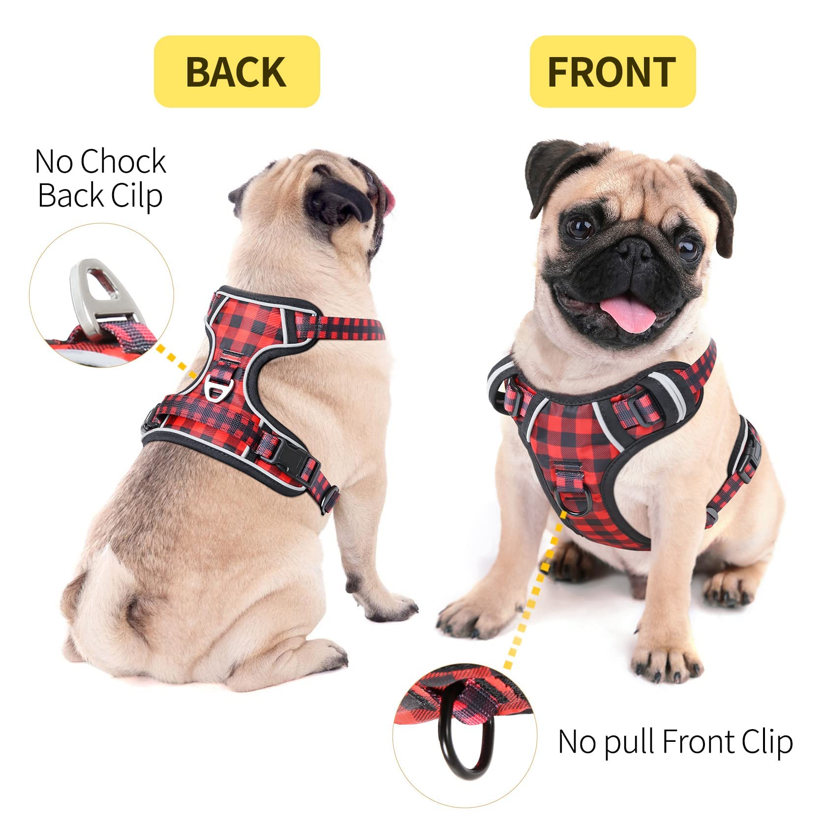 HEELE Pettorina per Cani No-pull Pettorina Cane con Manico Imbracatura Riflettente Traspirante, Pettorina Cane Taglia Piccola per Camminare, Addestrare Le Passeggiate, Plaid Nero-Rosso, XS