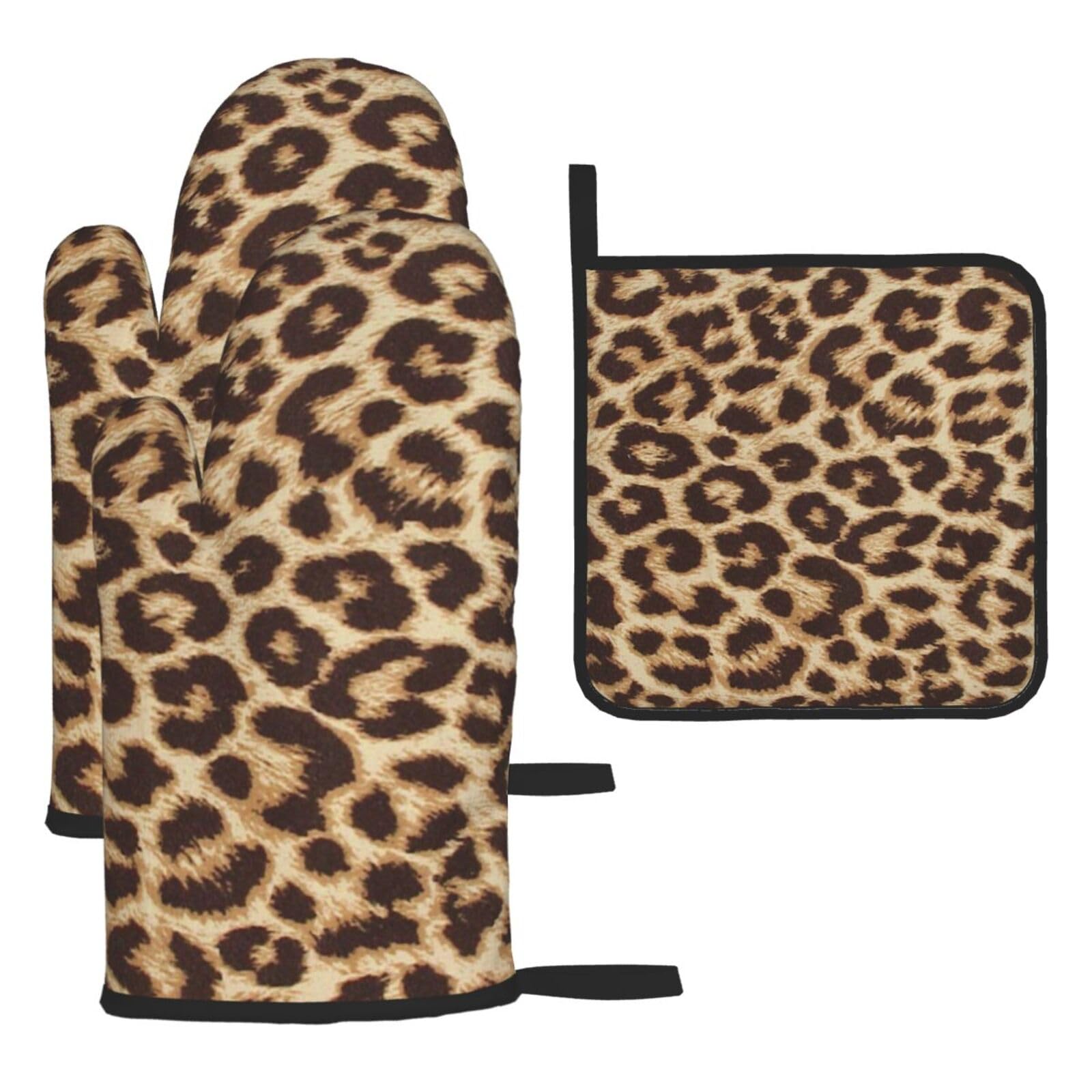 Leopard Pattern Print Oven Set Kitchen Gloves Baking Grilling Microwaving Cooking Gift Everyday Holiday