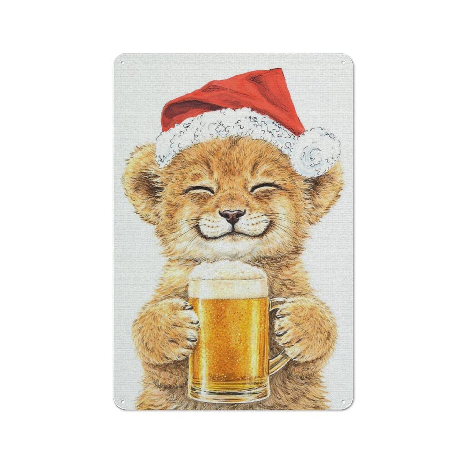 Junmoney Style-8 Loft Style Metal Wall Art Sign 30X20cm Featuring Lion Cub In Santa Hat With Beer, Urban Room Decor For Loft, Studio, Office Or Creative Room