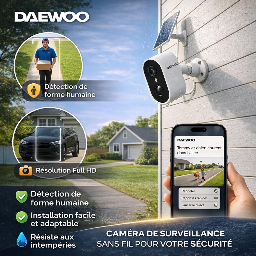 Daewoo Security Panneau Solaire SPW503 - Compatible Caméra W503 - Alimentation Solaire Continue - Câble USB-C 2M - Installation Murale ou Directe - Résistant aux Intempéries