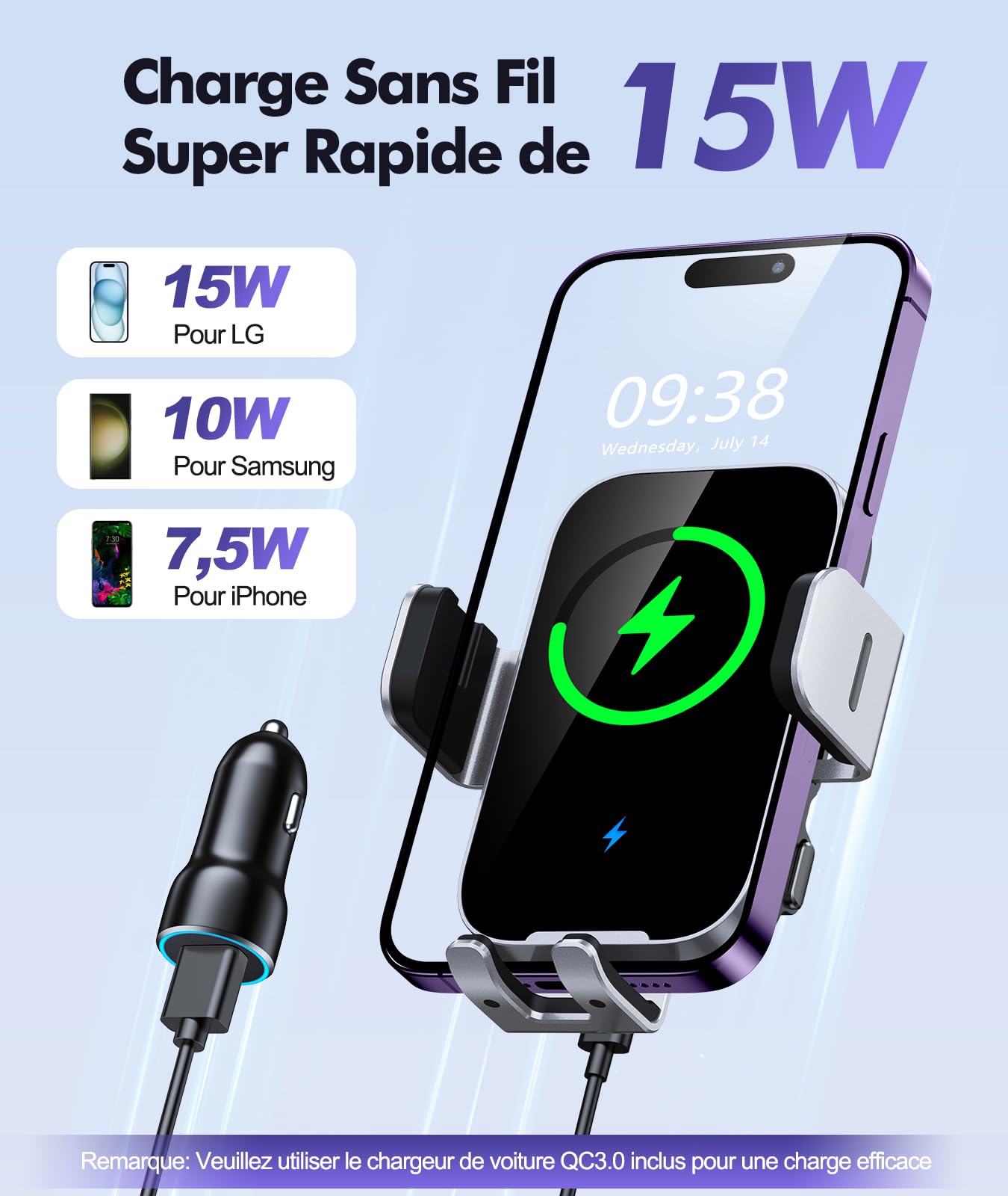 ISEYOU Support Telephone Voiture Induction, 15W [Serrage Automatique] Chargeur Induction Voiture sans Fil avec QC 3.0 Chargeur Adaptateur Rapide Compatible avec iPhone 17 16 15 Pro Max, Galaxy S25/S24