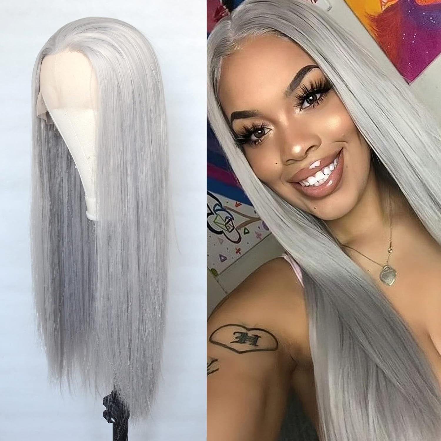 Luwigs Gray Synthetic Lace Front Wigs Long Straight Heat Resistant Grey Wig Natural Hair Wigs for Women Cosplay Party Daily Wear 22inch
