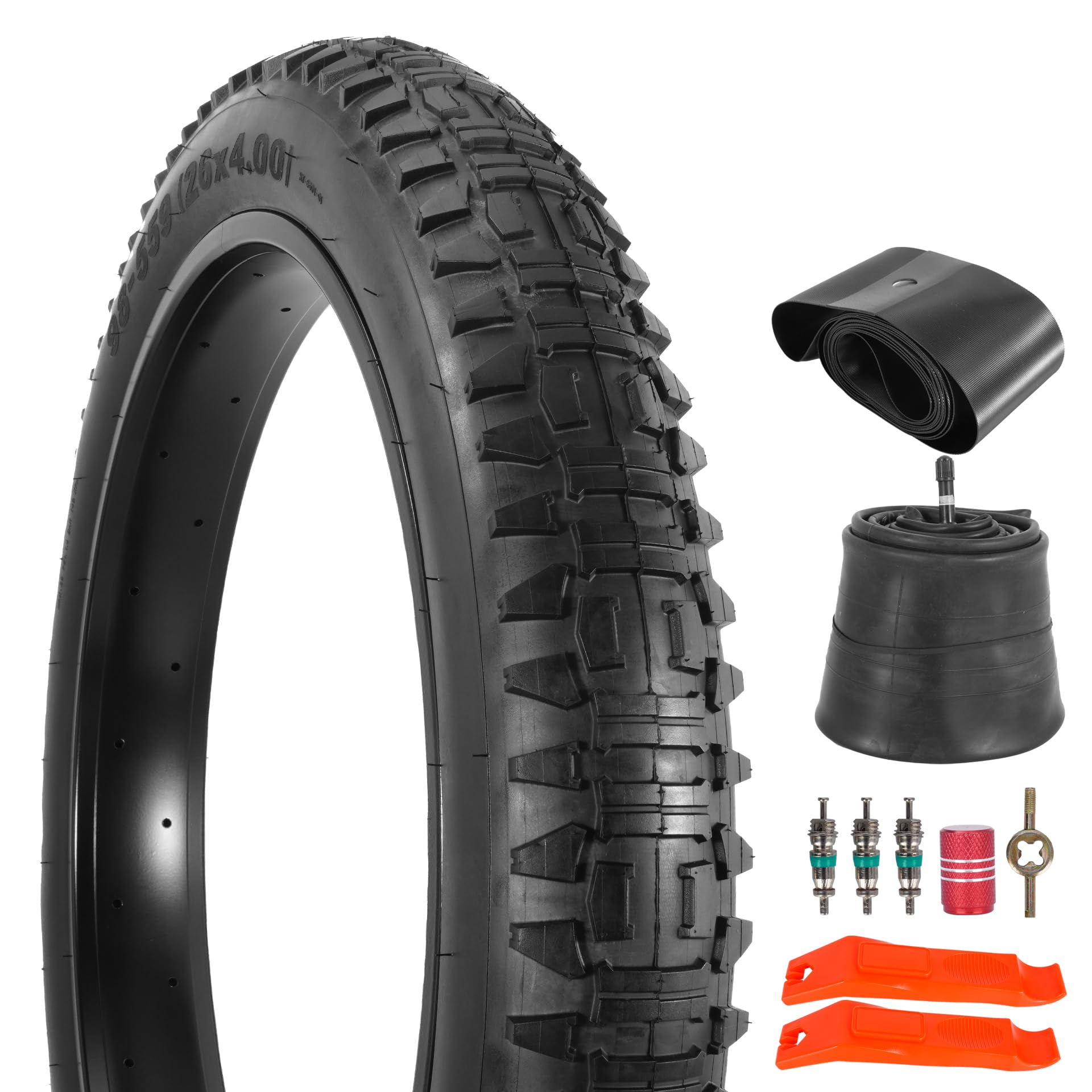 Pneu et Chambre à air Fat 26x4.0 pour vélo électrique - Lot de 1 - Noir | Pneu de vélo pliable haute performance résistant à l'usure 26 x 4, bande de roulement tout-terrain, diverses pièces pratiques