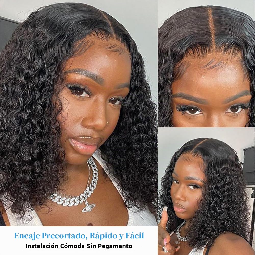 Peluca Bob Lace 4x4 Glueless Deep Curly Lace Bob Wigs Wear and Go Brazilian Pelucas Cortas para Mujer Pre Cut Human Hair Wig Pelucas de Cabello Humano Pre Plucked 10 Pulgada Natural Black