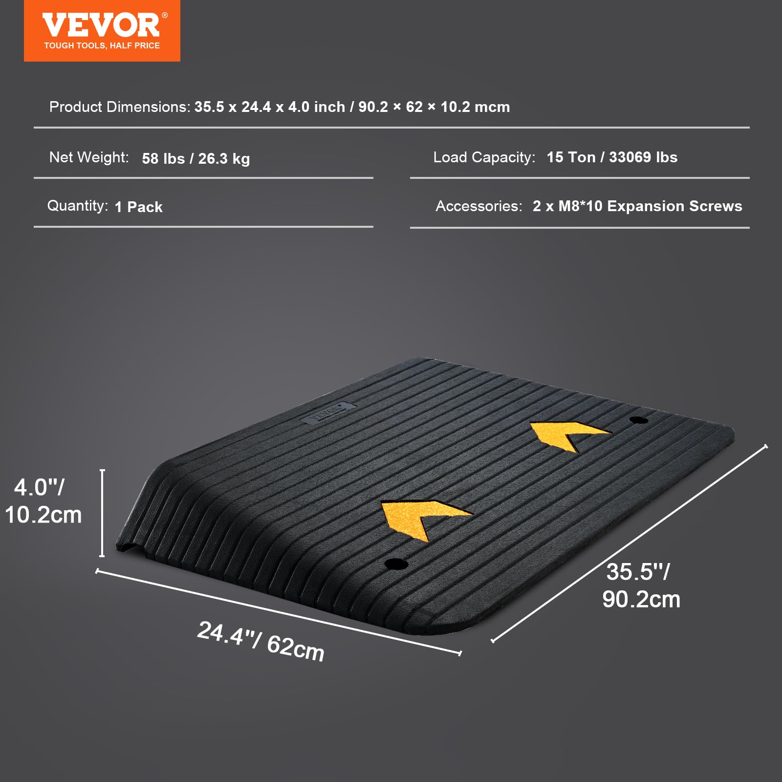 VEVOR Rampa di Soglia Altezza 10,2 cm Rampa da Marciapiede in Gomma 1 Canale Capacità di Carico 15 Tonnellate Superficie Strutturata Antiscivolo per Carrozzina Auto Scooter Garage 90,2x62x10,2 cm