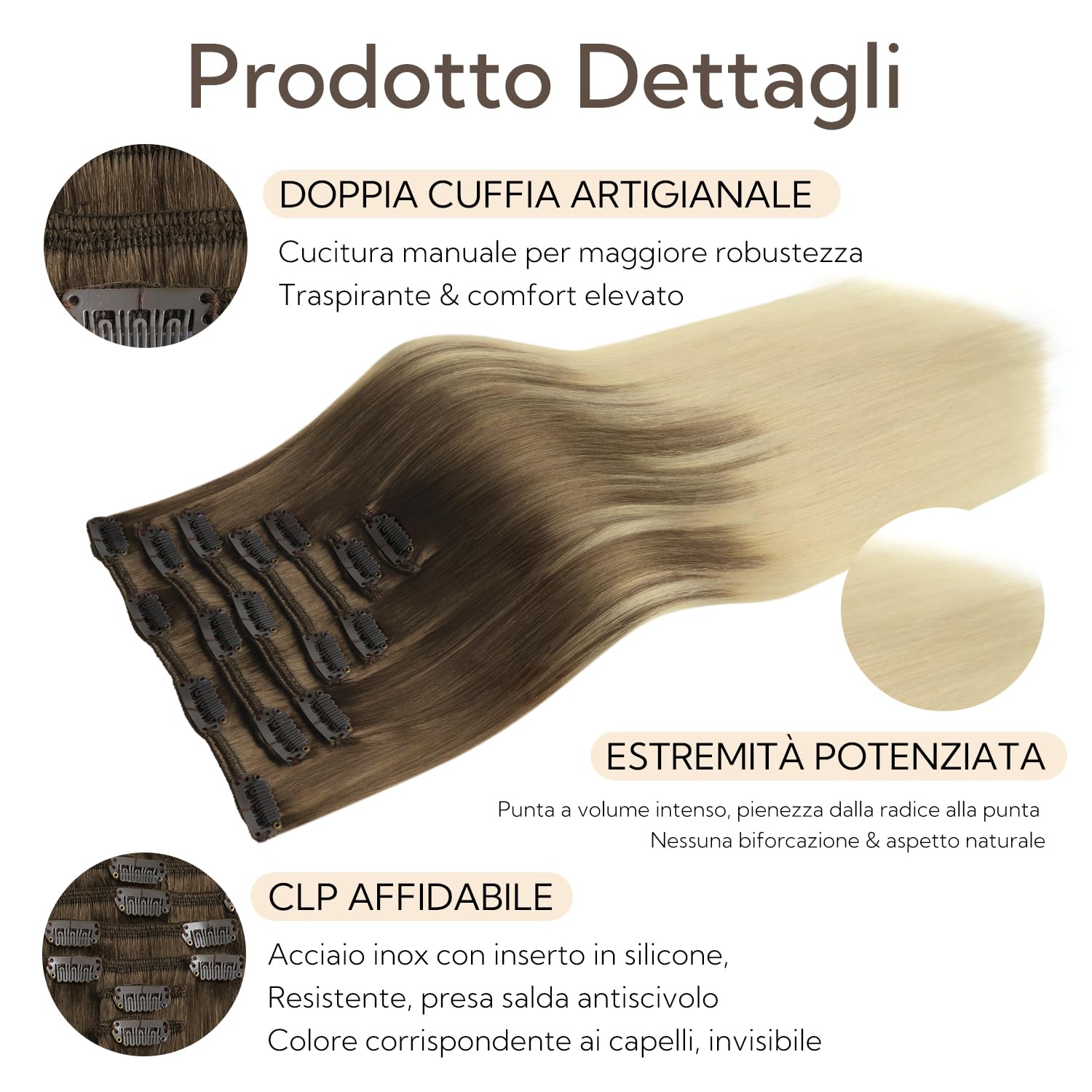 HOTBANANA Extension Capelli Veri Clip, Da Castano Cenere a Biondo Platino Extension Clip Capelli Veri 35cm 7pcs Remy Umani Naturali Capelli Extensions 120g