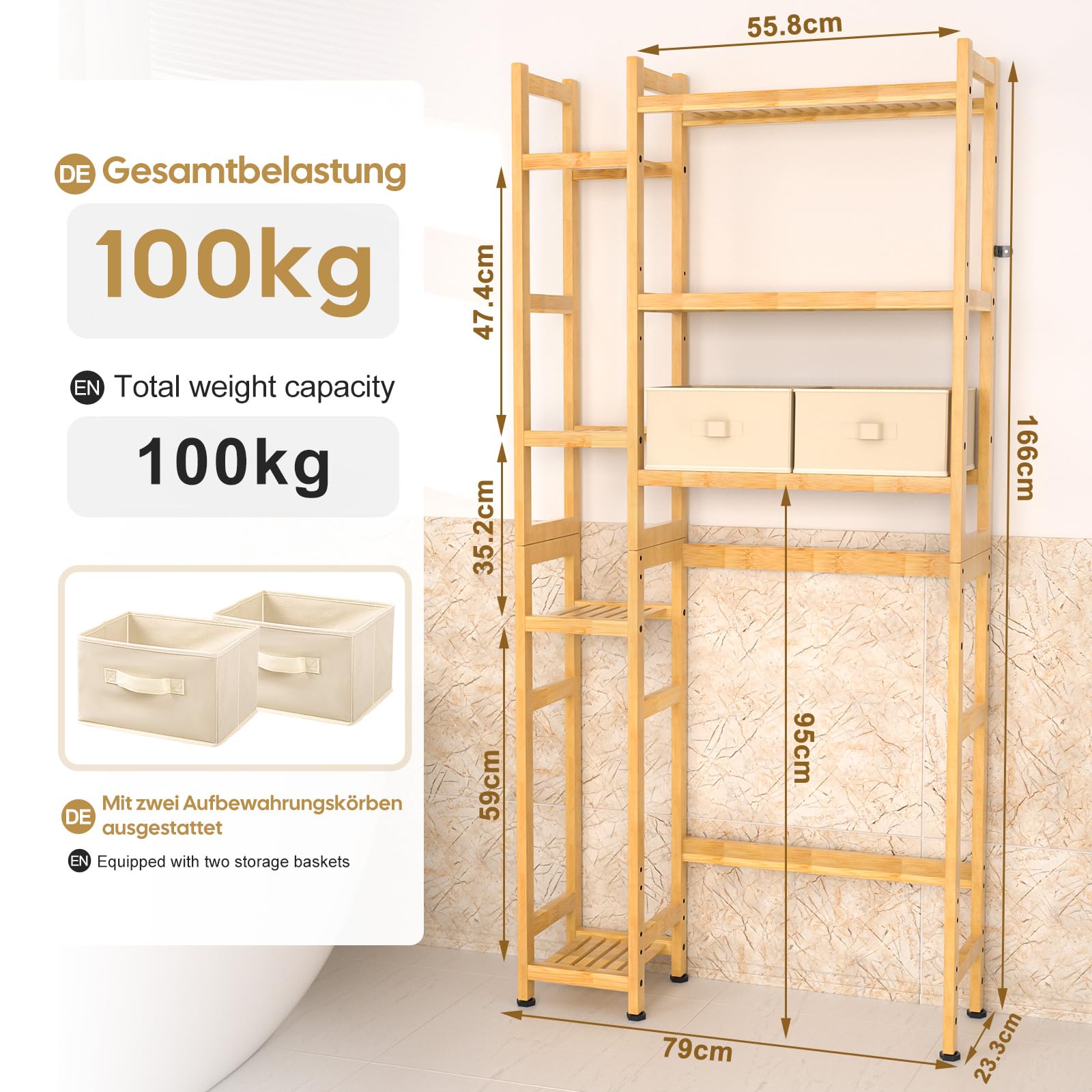Yorbay Estantería para inodoro con 2 cestas, estantería de baño de bambú, 3 niveles ajustable, con almohadilla impermeable para los pies, multifuncional, ahorra espacio, fácil montaje (natural)