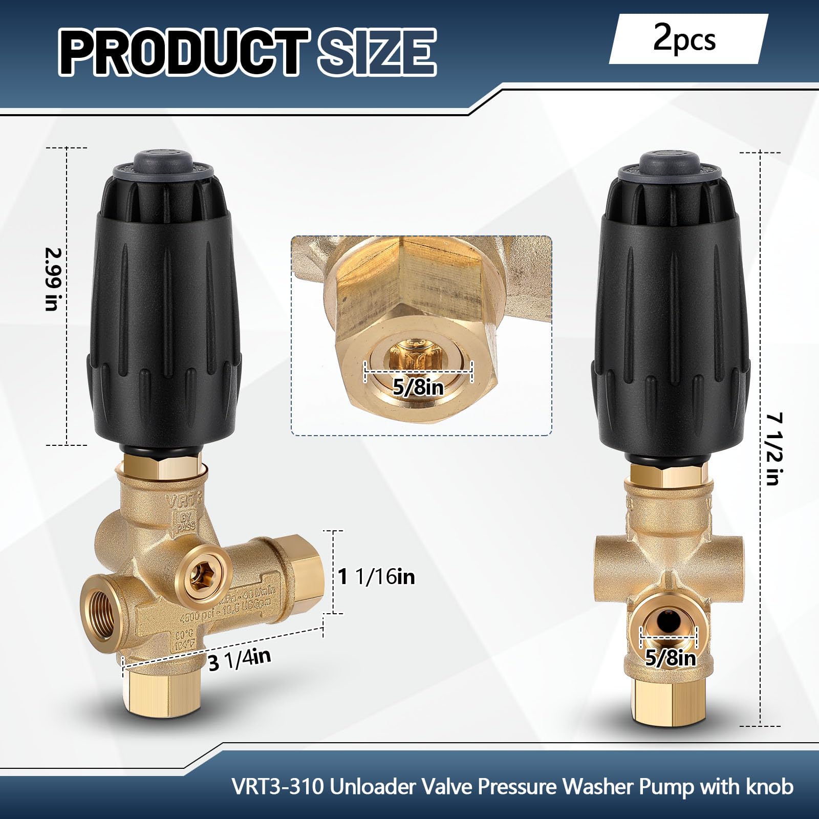Threlaco 2 válvulas descargadoras de lavadora a presión VRT3-310, 4500 PSI máximo, 10.5 GPM máximo (40 L/min), salida F de 3/8 pulgadas, resorte negro