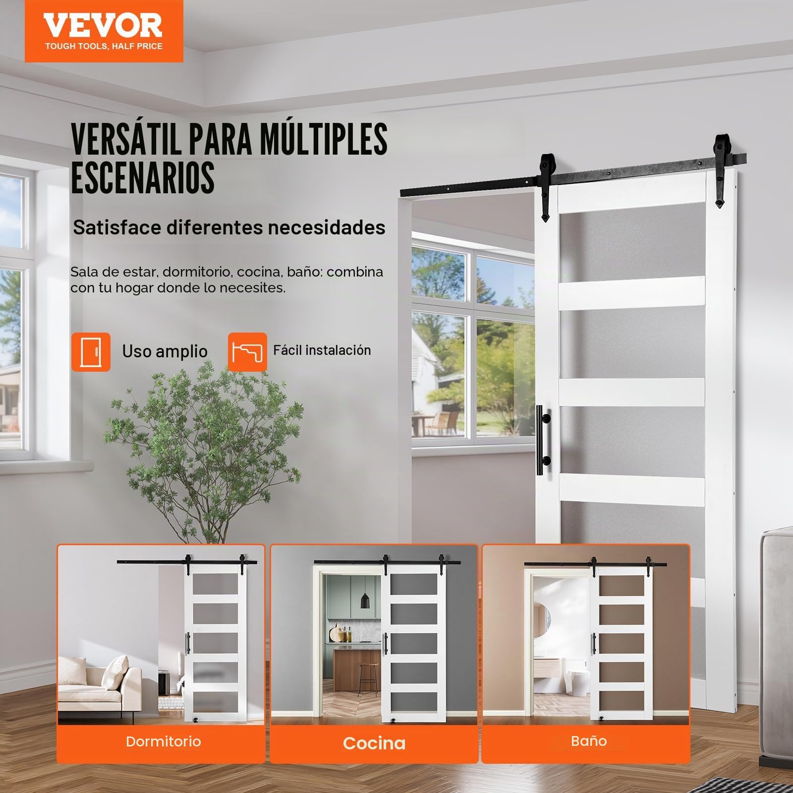 VEVOR Kit de Herrajes y Puerta de Granero Puerta Corrediza de Vidrio de 762 x 2134 mm Puerta de Granero con Guía de Piso 8 en 1, Manija de Puerta, Paneles de Madera de Abeto y Vidrio Esmerilado