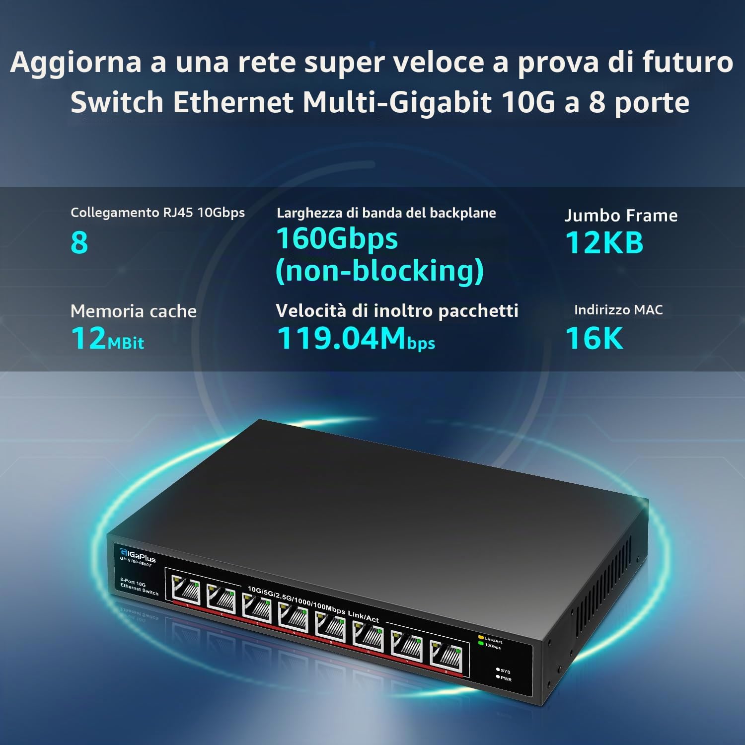 8 Port 10Gb Ethernet Switch Unmanaged, 8X 10Gbe Base-T Ports, GiGaPlus 10G Network Switch for 10Gbps NAS, PC, WiFi7 Router, 10Gbps Adapter/NIC. Desktop/ 19-inch Rack Mount, Plug and Play