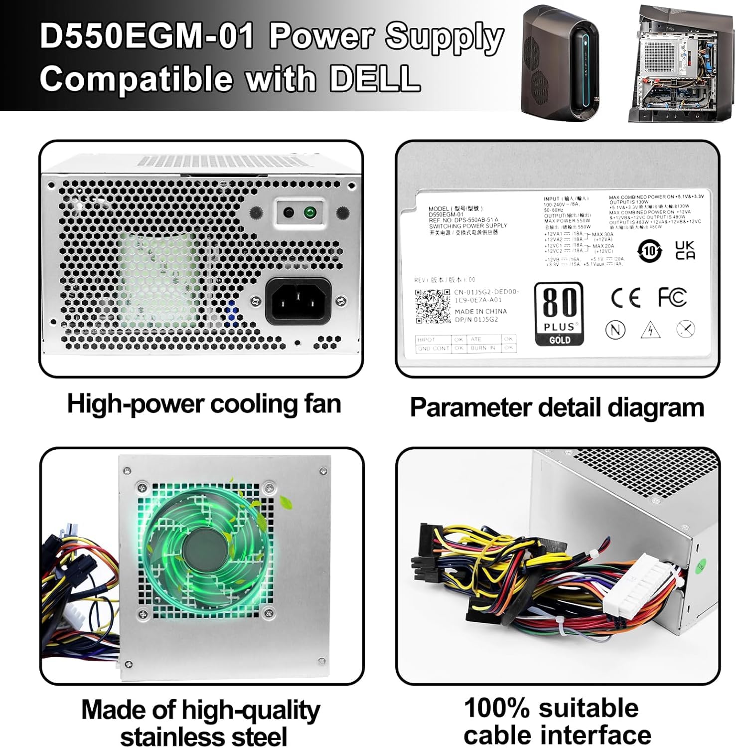 Fuente de alimentación D550EGM-01 de 550 W Compatible con Alienware Aurora R10, R11 y R12, DELL Precision 3630 y 3640 Sustitución de la Fuente de alimentación D550EGM-00, DPS-550AB-51A, 1J5G2 y YXK65