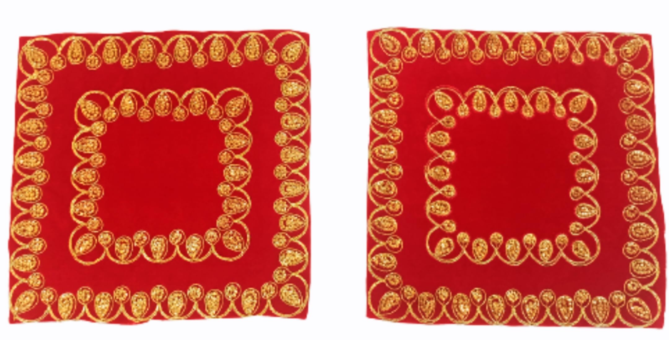 BERRYCRAVE Double Square Velvet Cloth Pooja Chowki Aasan for God Idols Puja Asan for Ladoo Gopal Ganesha GaneshJI Idols - 10 X 10 INCHES - Golden Embroidered - ONE Pair-image-40