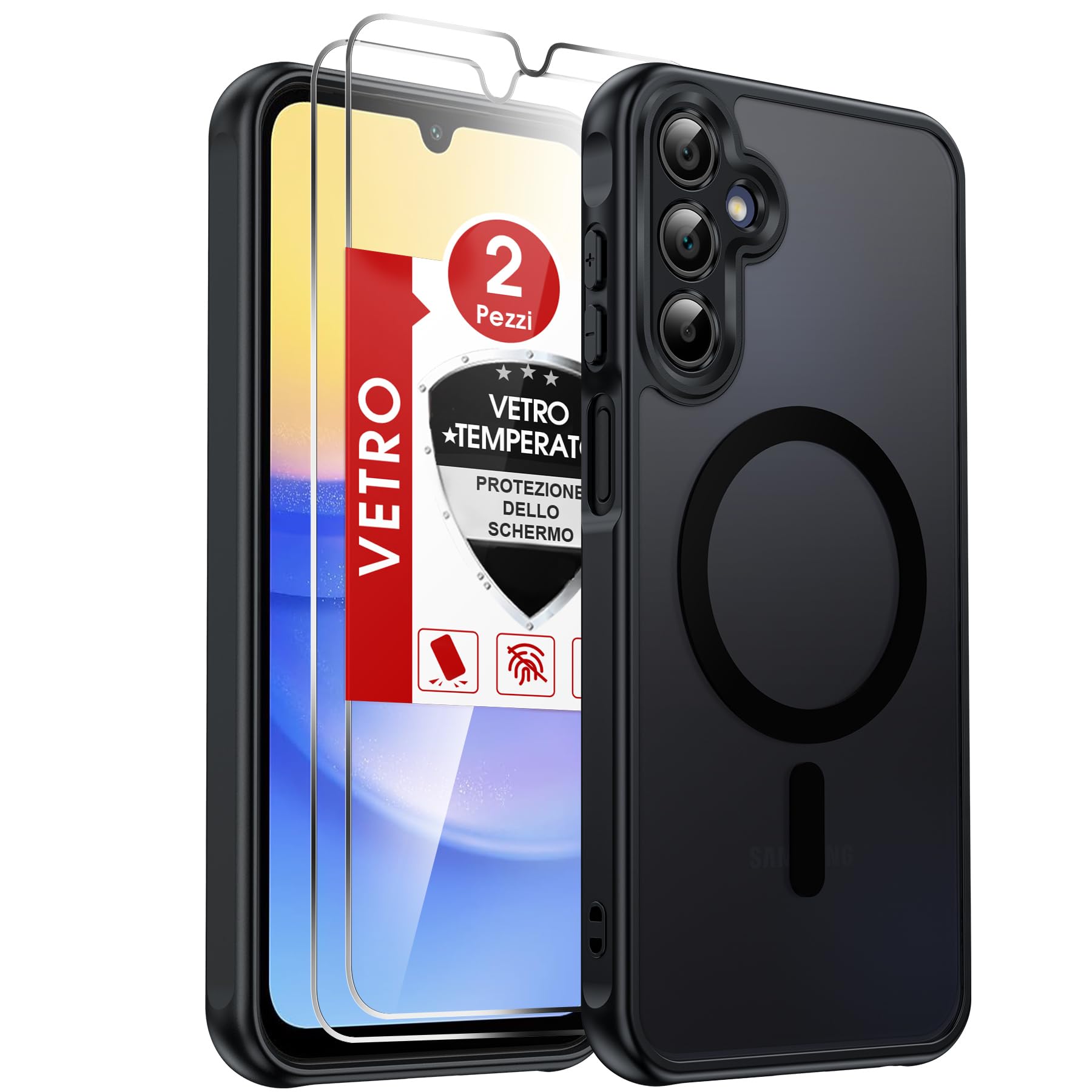 LeYi Cover Magnetica per Samsung Galaxy A15 5G con 2 Pezzi Vetro Temperato, Custodia per A 15 Traslucida Opaca Anti-Impronte Resistente ai Graffi Paraurti in TPU Antiurto Protettiva Case, Nero