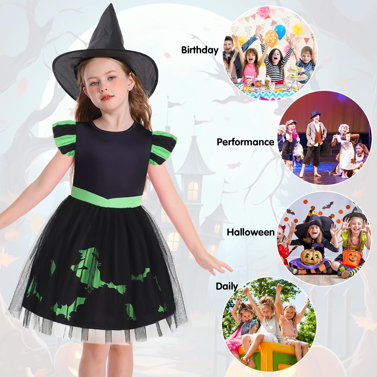 Marendyee Kids Party Dress Black Witch Costume Christmas Dresses World Book Day Costumes for Girls Princess Cosplay Dress Up with Witches Hat Children's School Stage Role Play Outfit 7-8 Years - Image 4