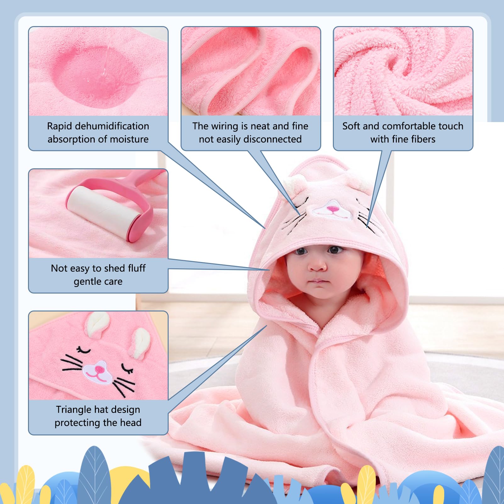 3Pièces Serviette de Bain Capuche Bébé,Cape de Bain à Capuche,Serviette Bebe Naissance,Douces Absorption , Plage, Après la Douche ou Le Bain,80 x 80 cm (Rose blanc et bleu）