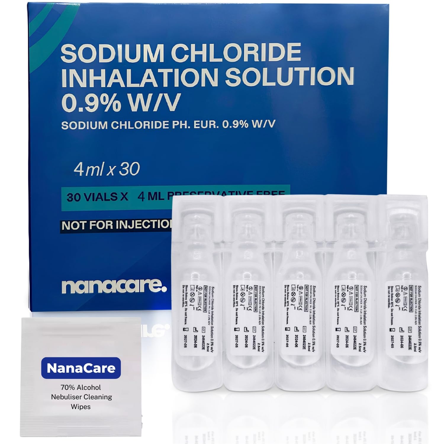 Saline Solution 0.9% - 30 X 4 ml Vials & Nebuliser Cleaning Wipes x10 | Sodium Chloride NACL | Sterile Inhalation Saline Solution | Isotonic Solution