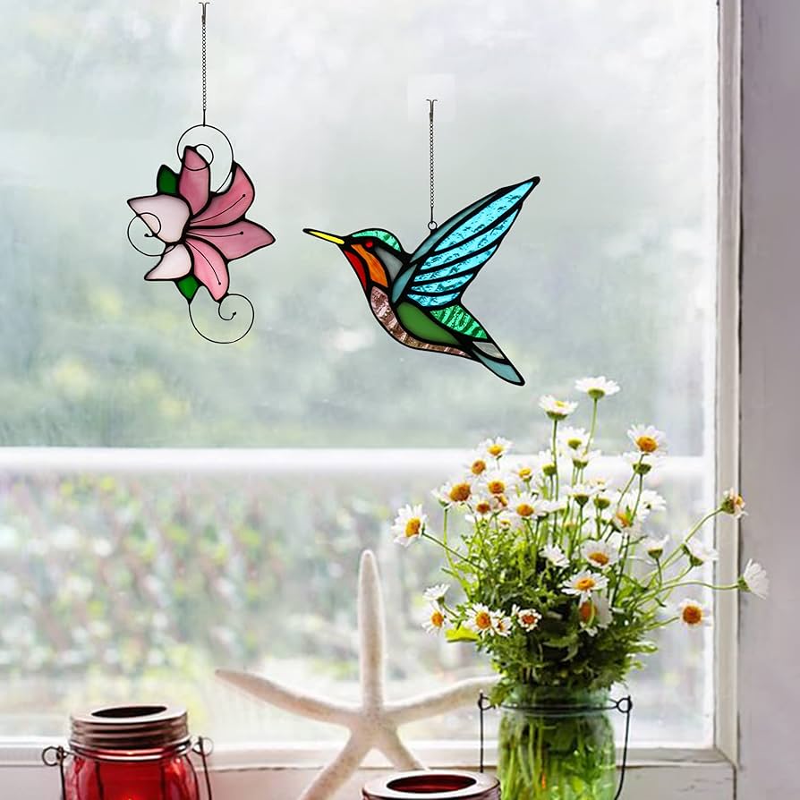 Amazon.co.jp: HAOSUM ハチドリ ユリの花 ステンドグラス ウィンドウ