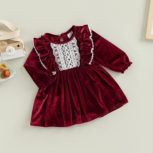 Miniatura 3 de Trajes de Navidad para niñas pequeñas vestido de manga larga con encaje vintage falda de una pieza terciopelo rojo fiesta banquete