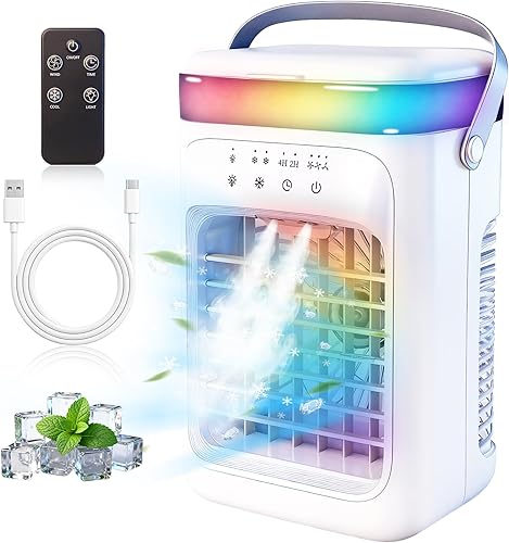 2026 New 4-in-1 Portable Air Conditioner, Sound ≤30dB Mini AC Unit, 12H Runtime, 1000ML Evaporative Air Cooler, 3 Speed & 2 Mist, Remote, USB, Timer, 7-Color LED for Bedroom Office Car - 1 PCS