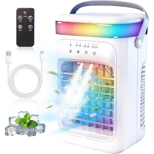 2026 New 4-in-1 Portable Air Conditioner, Sound ≤30dB Mini AC Unit, 12H Runtime, 1000ML Evaporative Air Cooler, 3 Speed & 2 Mist, Remote, USB, Timer, 7-Color LED for Bedroom Office Car - 1 PCS