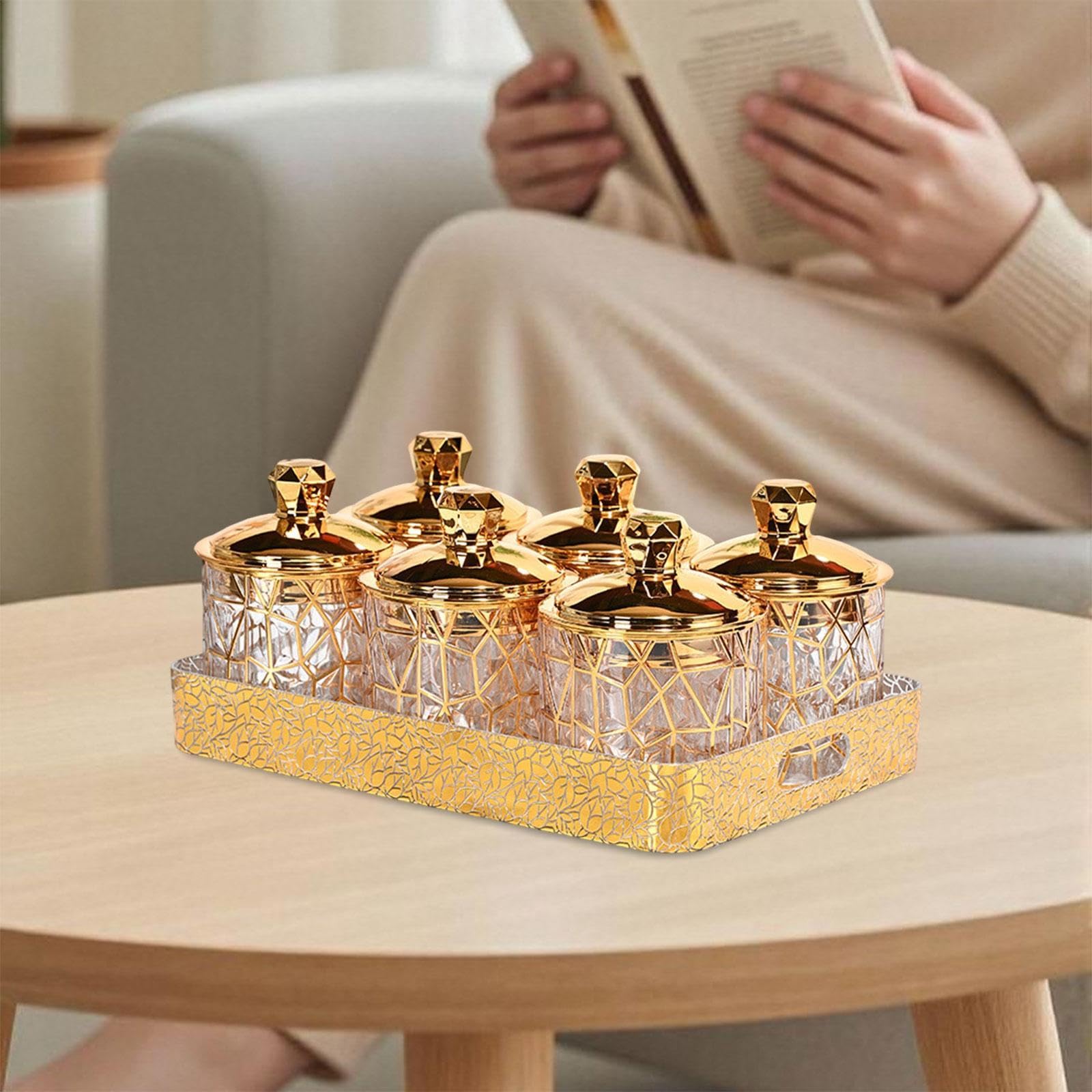Ensemble de 6 Bocaux Décoratifs Transparents Dorés avec Couvercles, Hermétiques, pour La Conservation Des Fruits Secs et Des Noix.