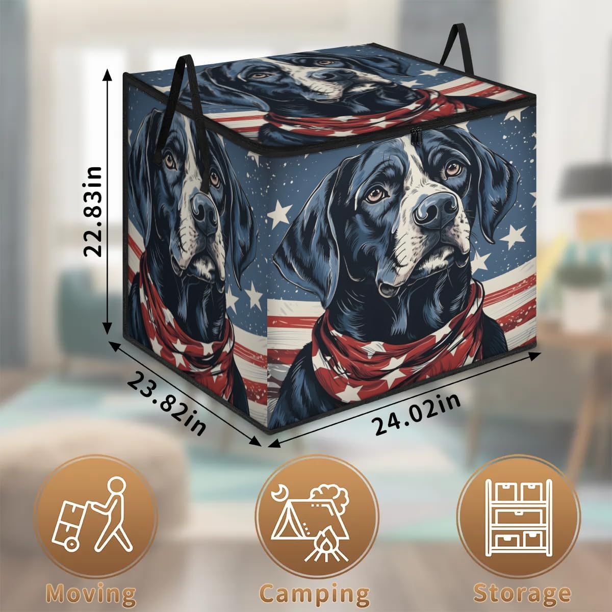 Honeybaby 214L Extra Large Comforter Storage Bag Cool Dog Patriotic Storage Totes with Lids Waterproof Closet Organizer Folding Blanket Storage Bags for Clothes Bedding Pillows