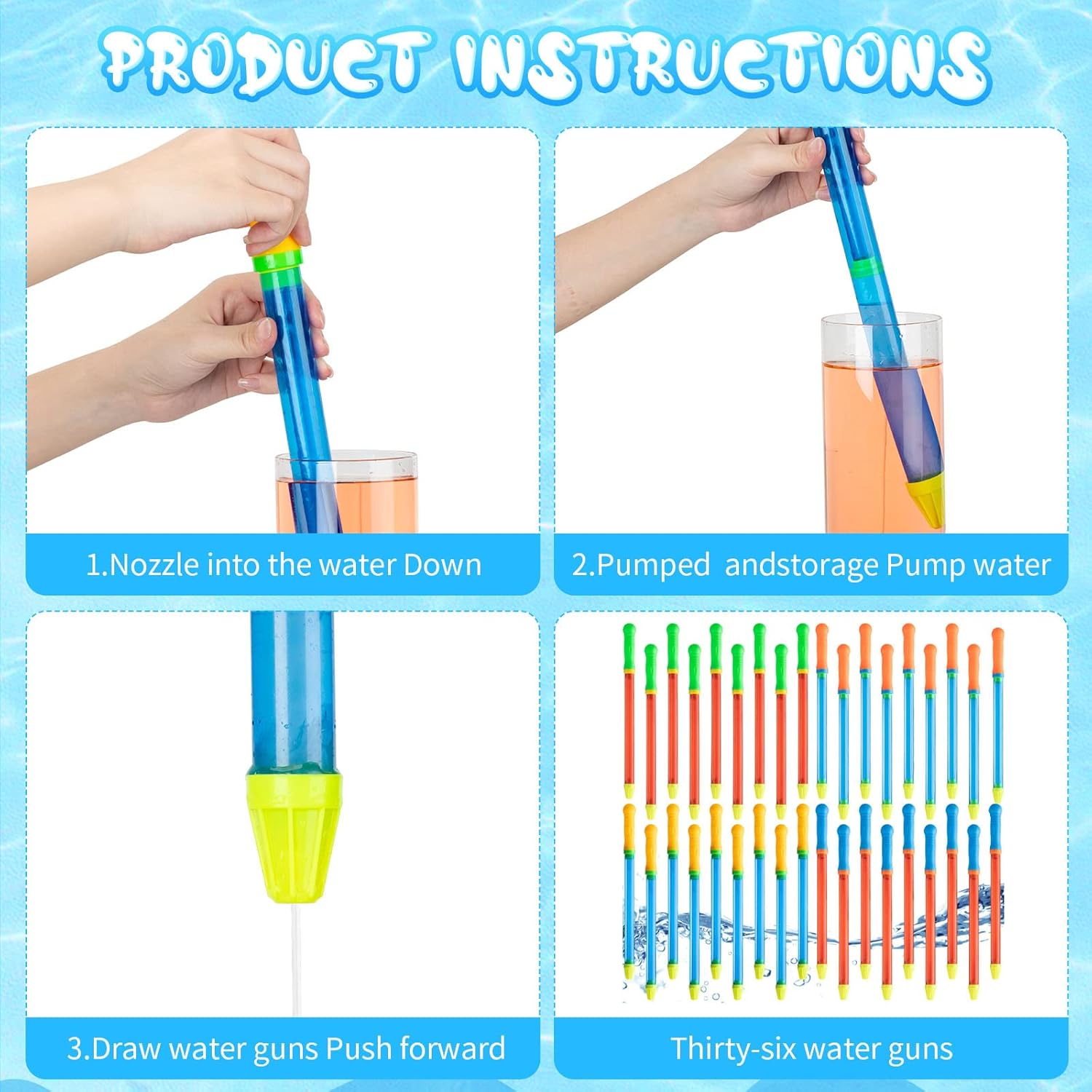Leitee 36 Pcs 17.3" Crayon Water Guns Tube Squirters Suction Gun Water Shooter for Adults Beach and Pool Squirt for Summer Pool Party Game