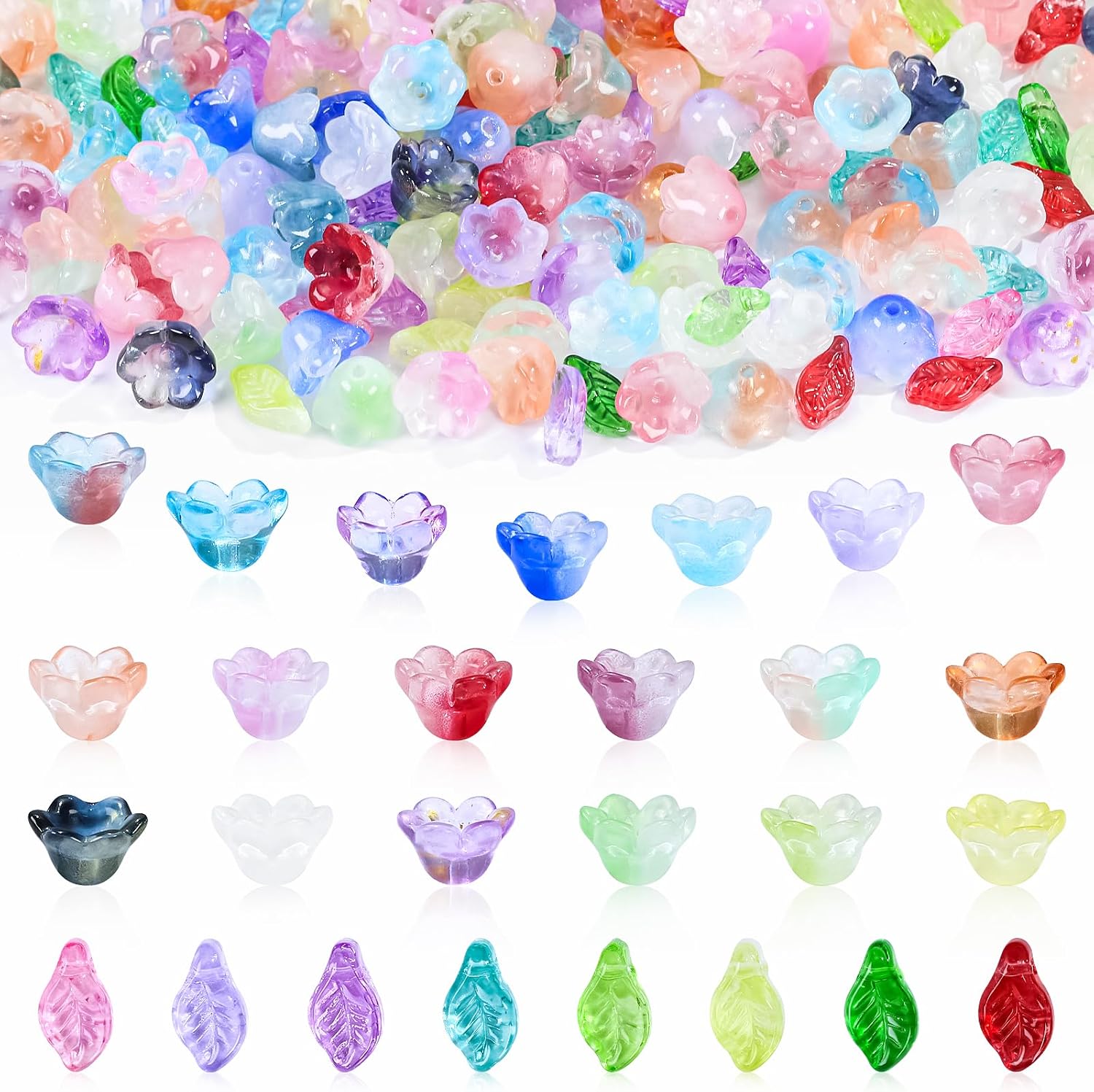 Glass Flower Beads for Jewelry Making Colorful Trumpet Floral Beads and Glass Leaf Charms for Bracelets,Necklace,Earring,Keychain,DIY Crafts Jewelry Making