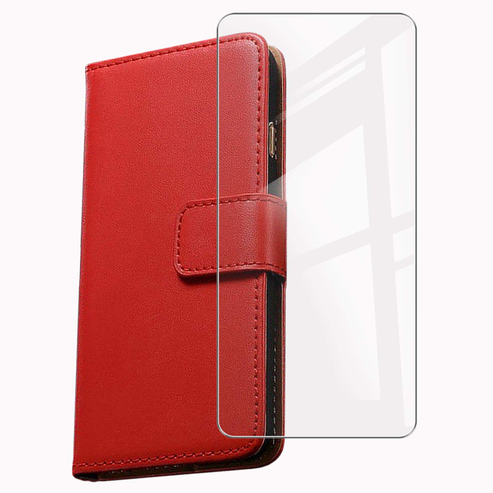 Wallet Case for Blackview A50 (6.09")+ Tempered Glass Screen Protector, [Bracket and Credit Card Holder] Flip Leather Cover with Magnetic Button, for Blackview A50 Case - Red