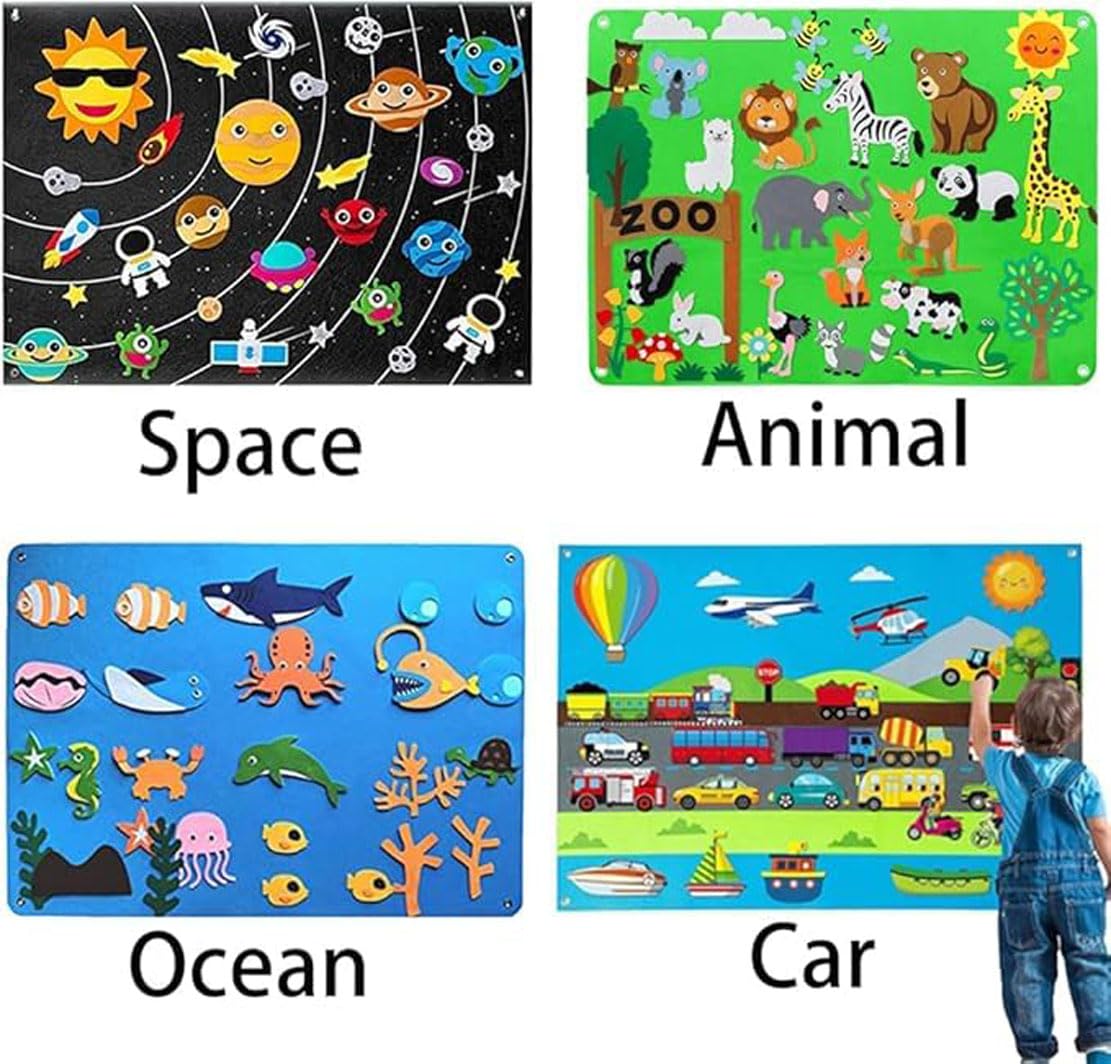 Tableau D'histoire en Feutre, Animaux De La Ferme, Tableau D'histoire en Feutre Flou, Jouets en Flanelle Réutilisables pour l'espace/la Voiture,Tableaux en Feutre pour Les Murs (Animal)