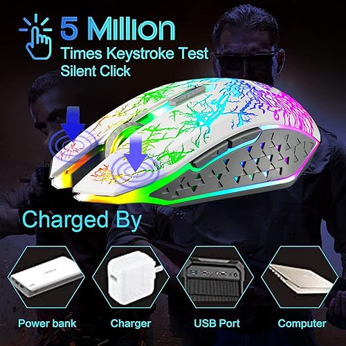 Miniatura 6 de VEGCOO Mouse inalámbrico para juegos, mouse recargable para juegos, ratones ópticos silenciosos con receptor USB de 2.4 G, 3 niveles DPI, 6 botones,