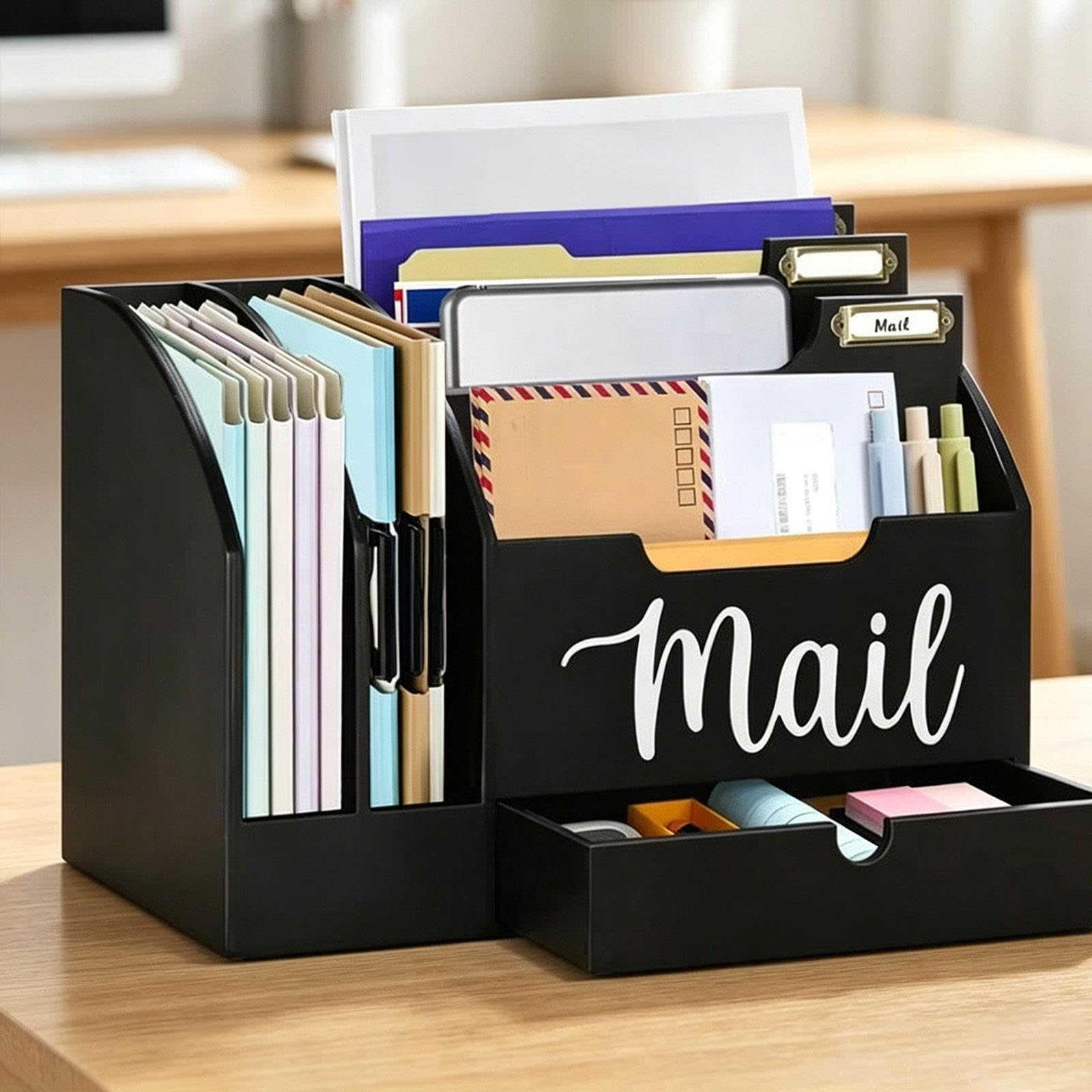 Organizer in Legno 6 per Scrivania Portabuste con Cassetto Supporto per Mail Organizzatore per Ufficio Accessori per Scrivania Moderni, Nero