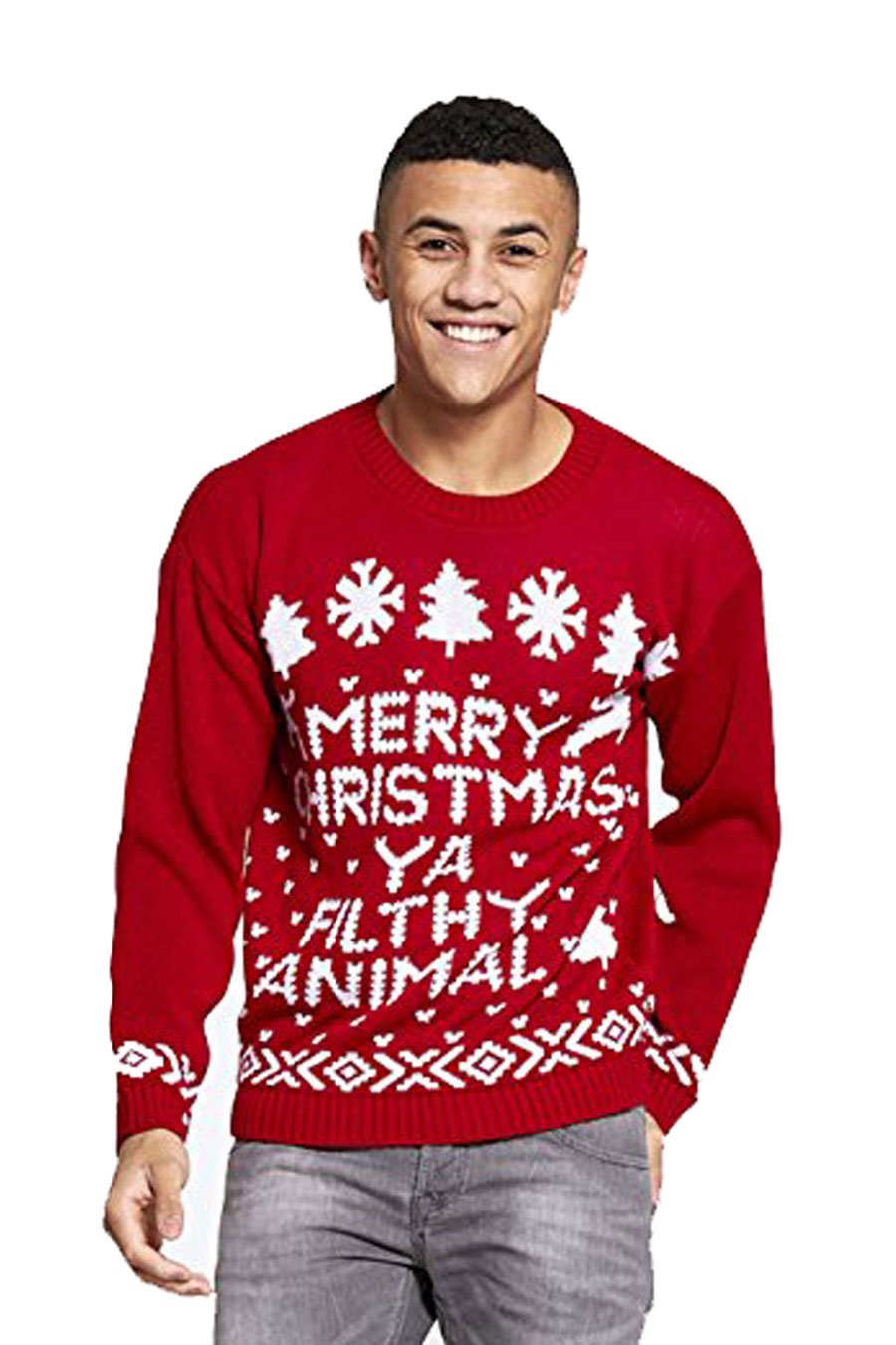 Aarhon Mens Mery Christmas Ya Filthy Animal Printed Knitted Christmas Jumper UK (UK, Alpha, XXL, Regular, Regular, RED)