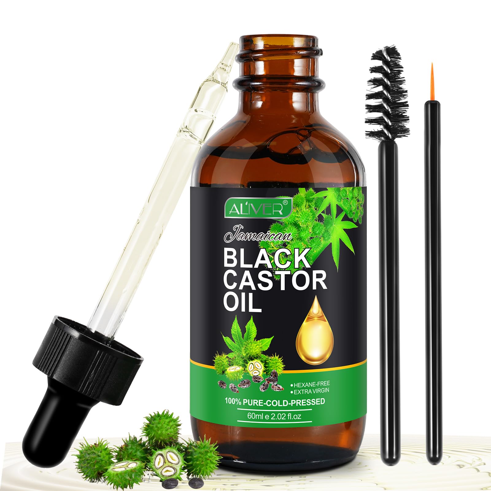 Aceite de Ricino para el Cabello, Aceite de Ricino 60ml Aceite de Ricino Negro de Jamaica, 100% Puro, Natural y Prensado en Frío, Aceite de Ricino Orgánico para el Cuerpo, Cabello, Uñas,Pestañas,Cejas
