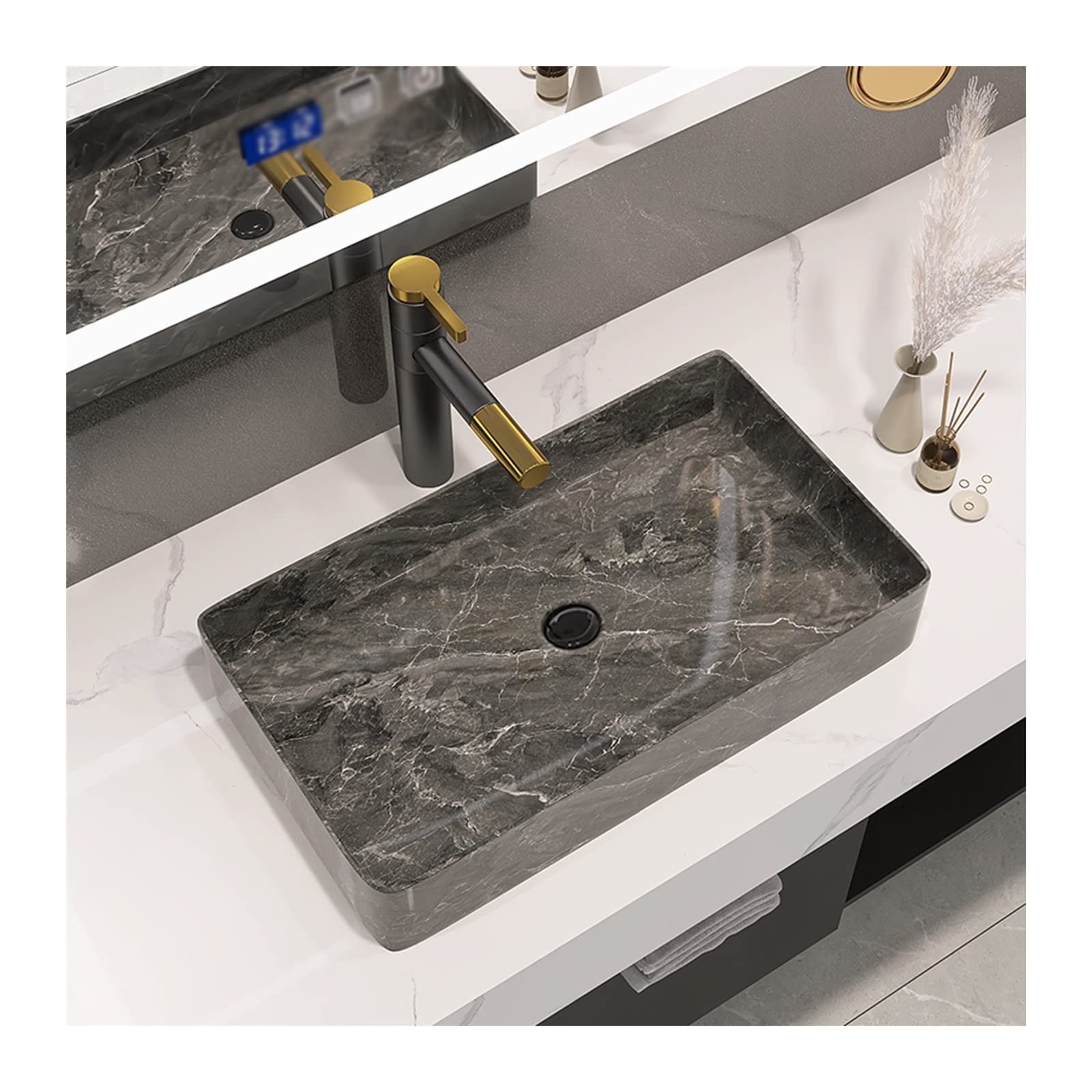 Baño Lavabo Fregadero Rectangular de cerámica con Textura de mármol, 23,6 "x 13,7", Cuenco de tocador de baño Moderno Rectangular Gris sobre el mostrador, Grifo no Incluido Fregadero del baño