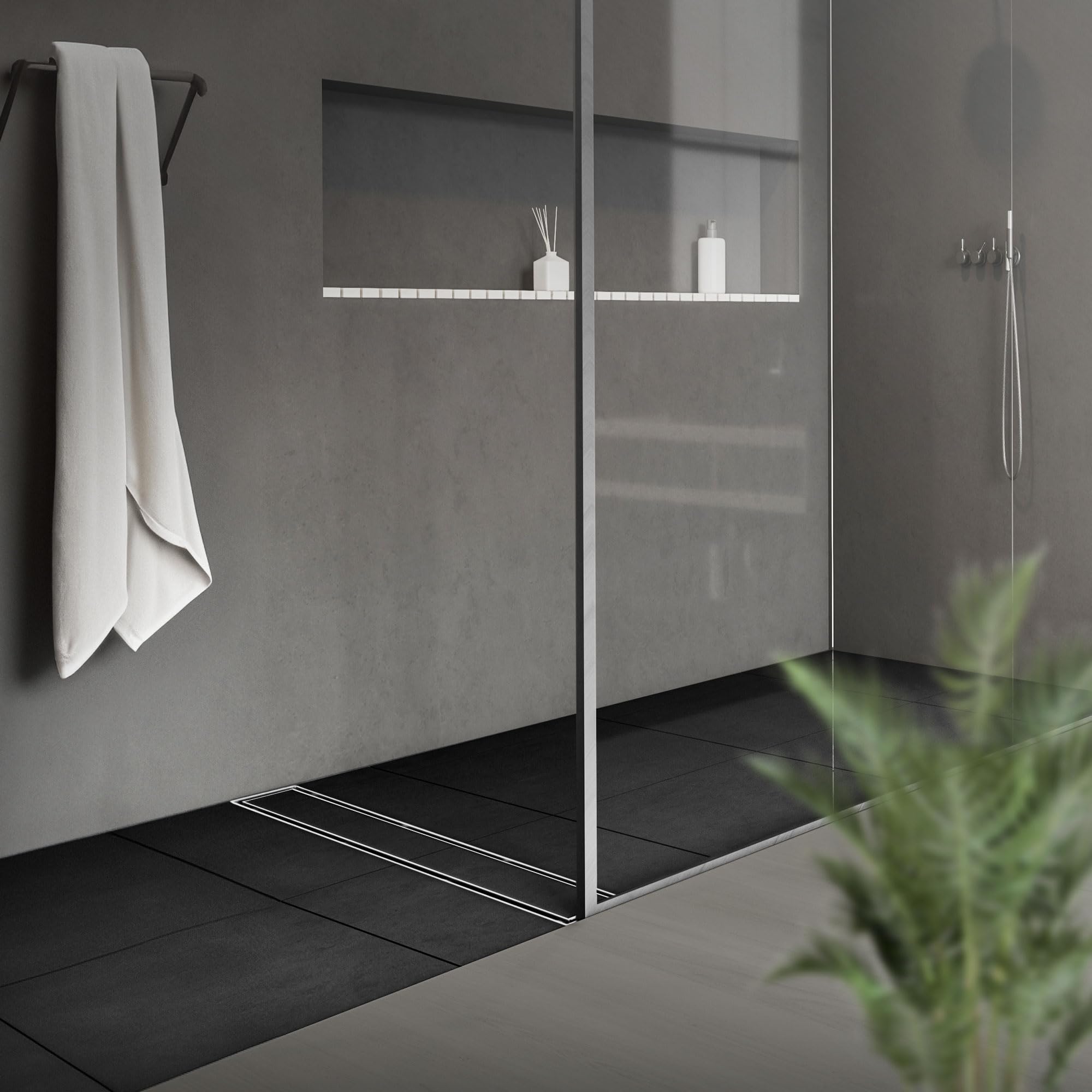 LuxeBath Canal de Ducha Desagüe 60cm 2en1 Extraplano Acero Inóxidable Fijación al Suelo Sumidero Sifón Doble Cara Autolimpiante con Tope para Olores y Colador de Pelo Alcantarillado para Baño