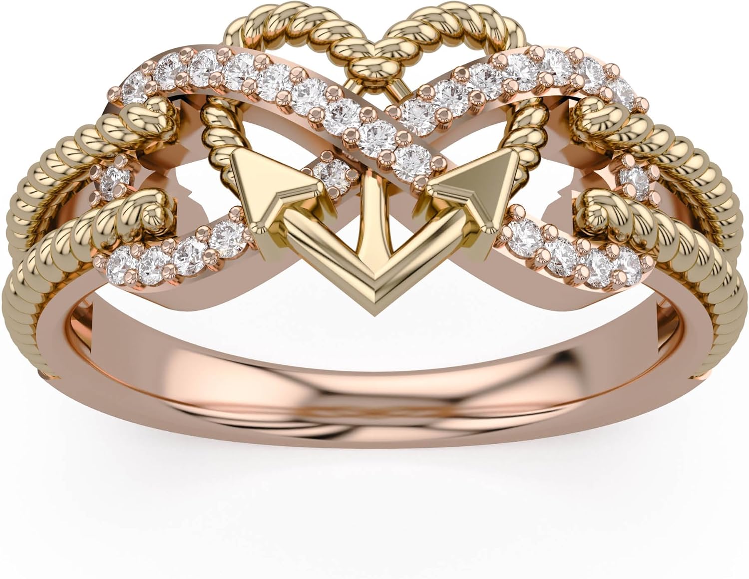 Infinity Heart Anchor Rope Promise Rings for Women, 1/10 Carat Round Cut Moissanite, Lab Grown or Natural Diamond Two Tone Ring in 14K Gold Plated 925 Sterling Silver Jewelry Gift for Her