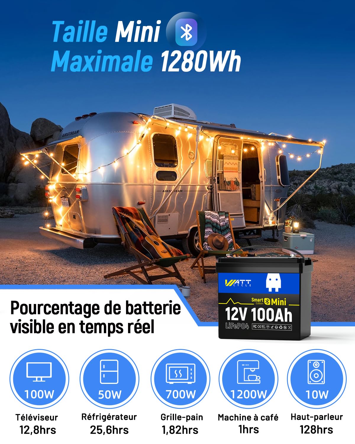 Batería de Litio LiFePO4 12V 100Ah con Bluetooth, Grupo BCI 24, 12V Mini Baterías 100A BMS Inteligente, Soporta Bluetooth en Teléfono, 15000 Ciclos Profundos, Motor de Arrastre Marino RV
