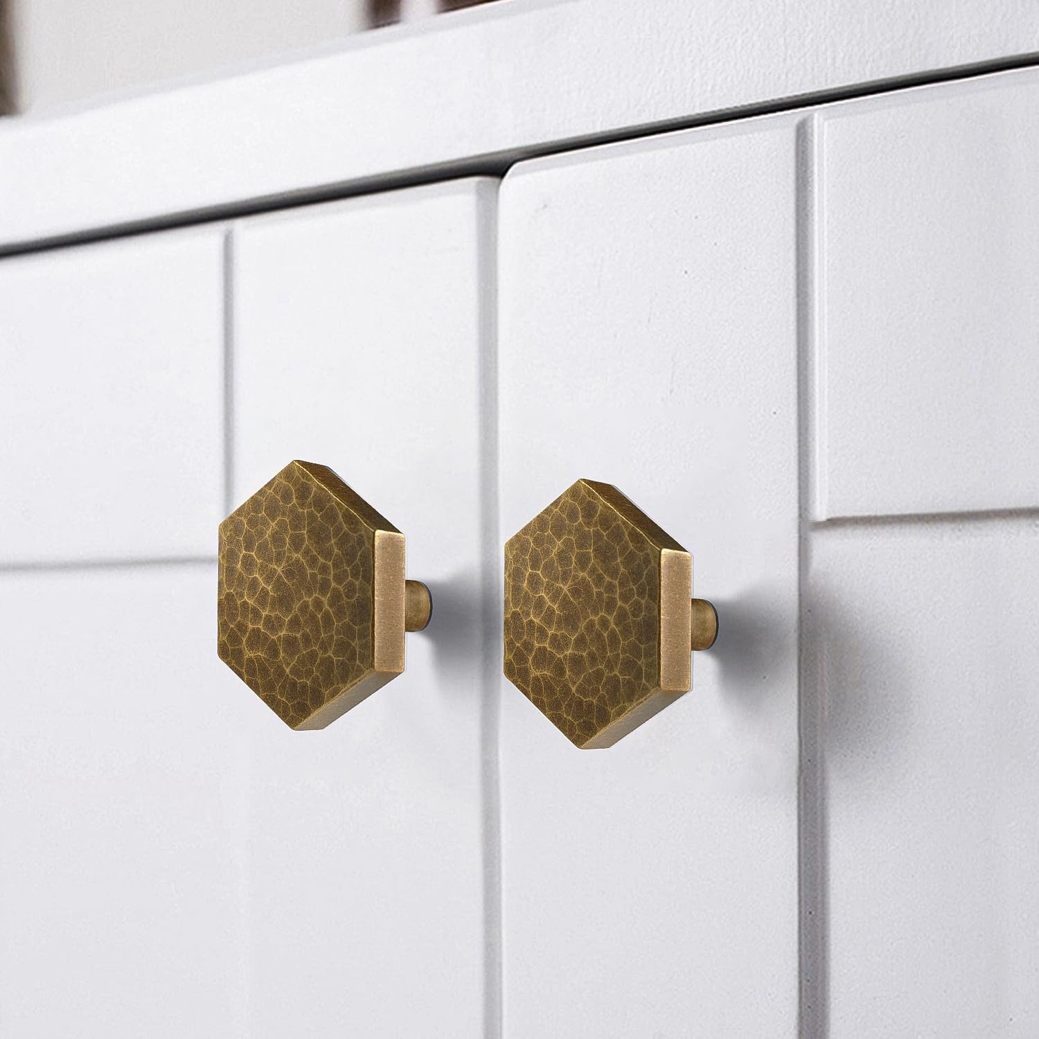6 Pack Cabinet Knobs Antique Brass Kitchen Drawer Knobs Hammered Hexagon Dresser Pull, L