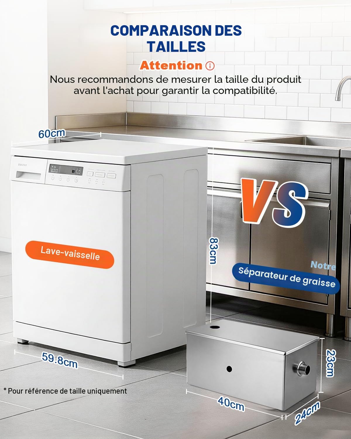 YUCHENGTECH Bac à Graisse Sous Evier Inox 22L 40x24x23cm | Capacité 22L, Acier Inoxydable, Installation Sous évier, Usage Restaurant/Cuisine, Séparation Graisse